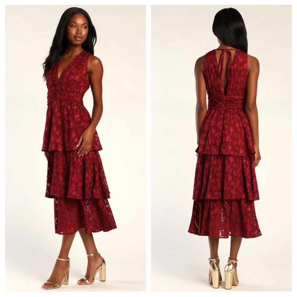 Lulu's Wine Red Tiered Lace Midi Dress